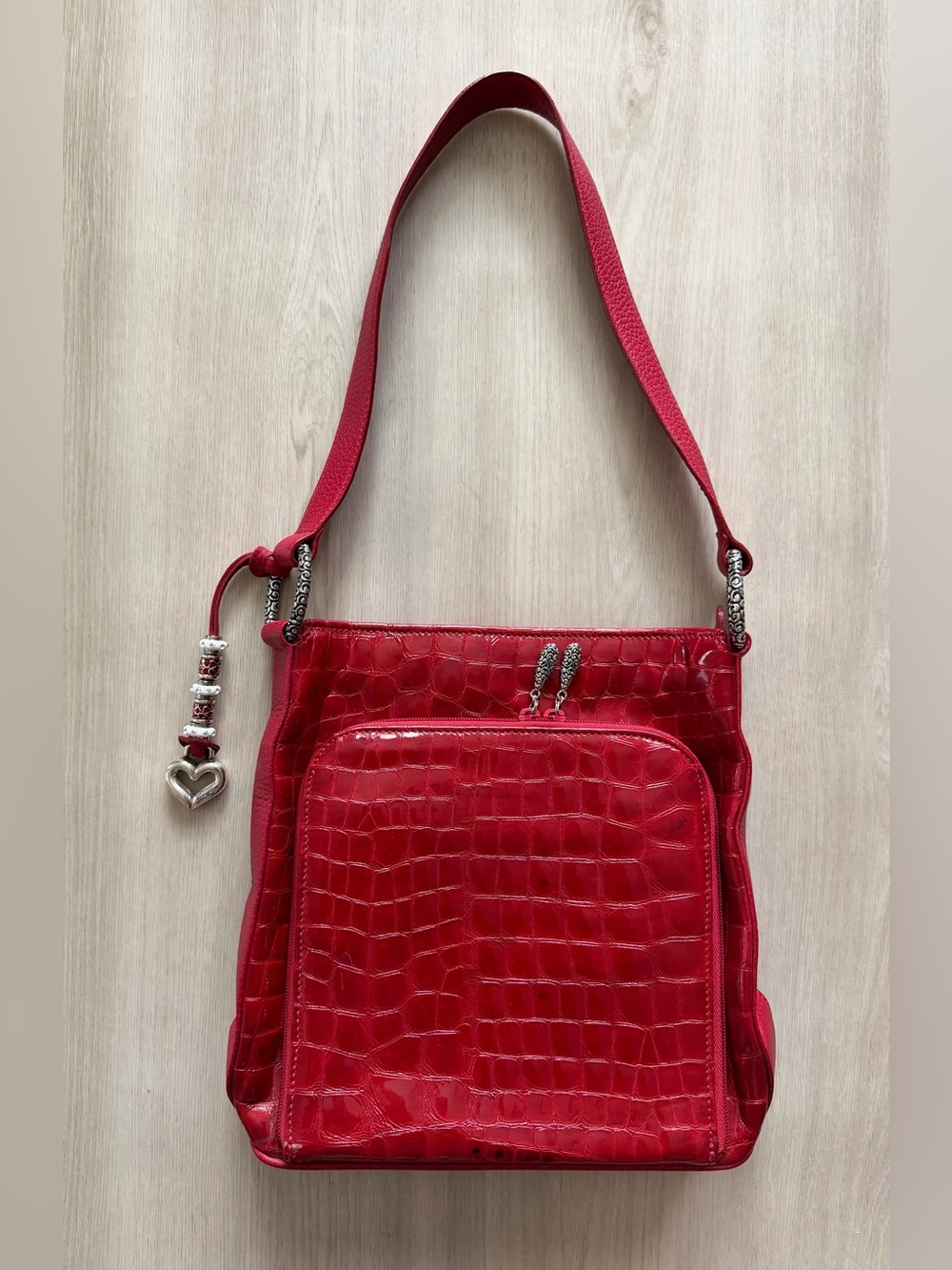 Brighton Red Croc Embossed Patent Leather Crossbody Bag Purse Organizer Heart